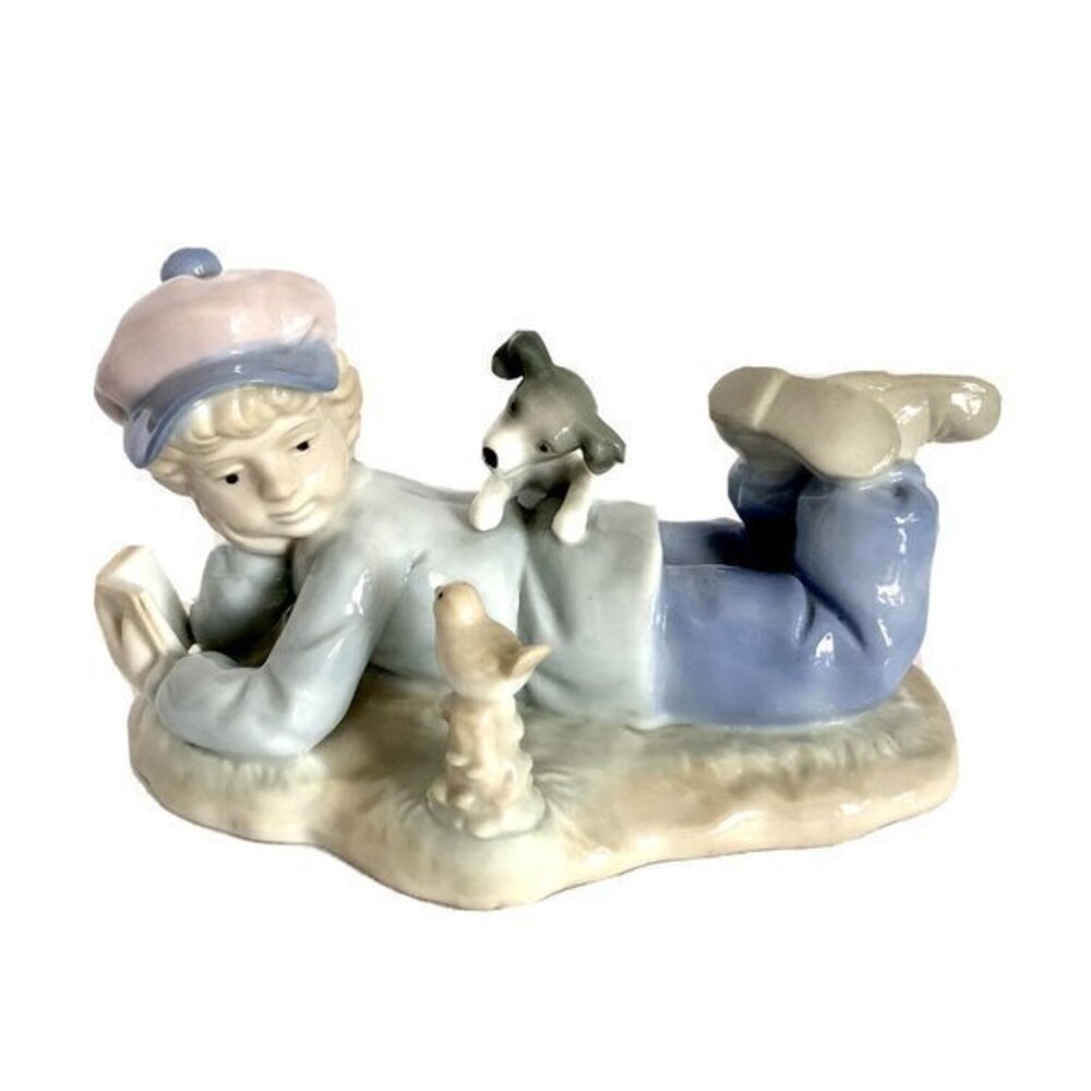 Paul Sebastian Boy Reading with Animals Porcelain Figurine Vintage 1991